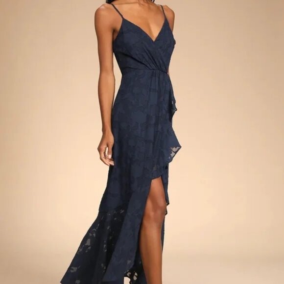 Lulus Near Your Heart Navy Blue Floral Burnout High Low Ruffle Midi Dress Size S - Picture 2 of 10